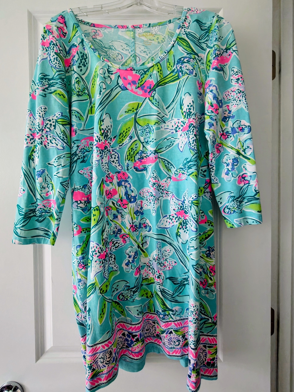 Lilly Pulitzer Aqua Floral Shift Dress with Pink & Lime Accents
